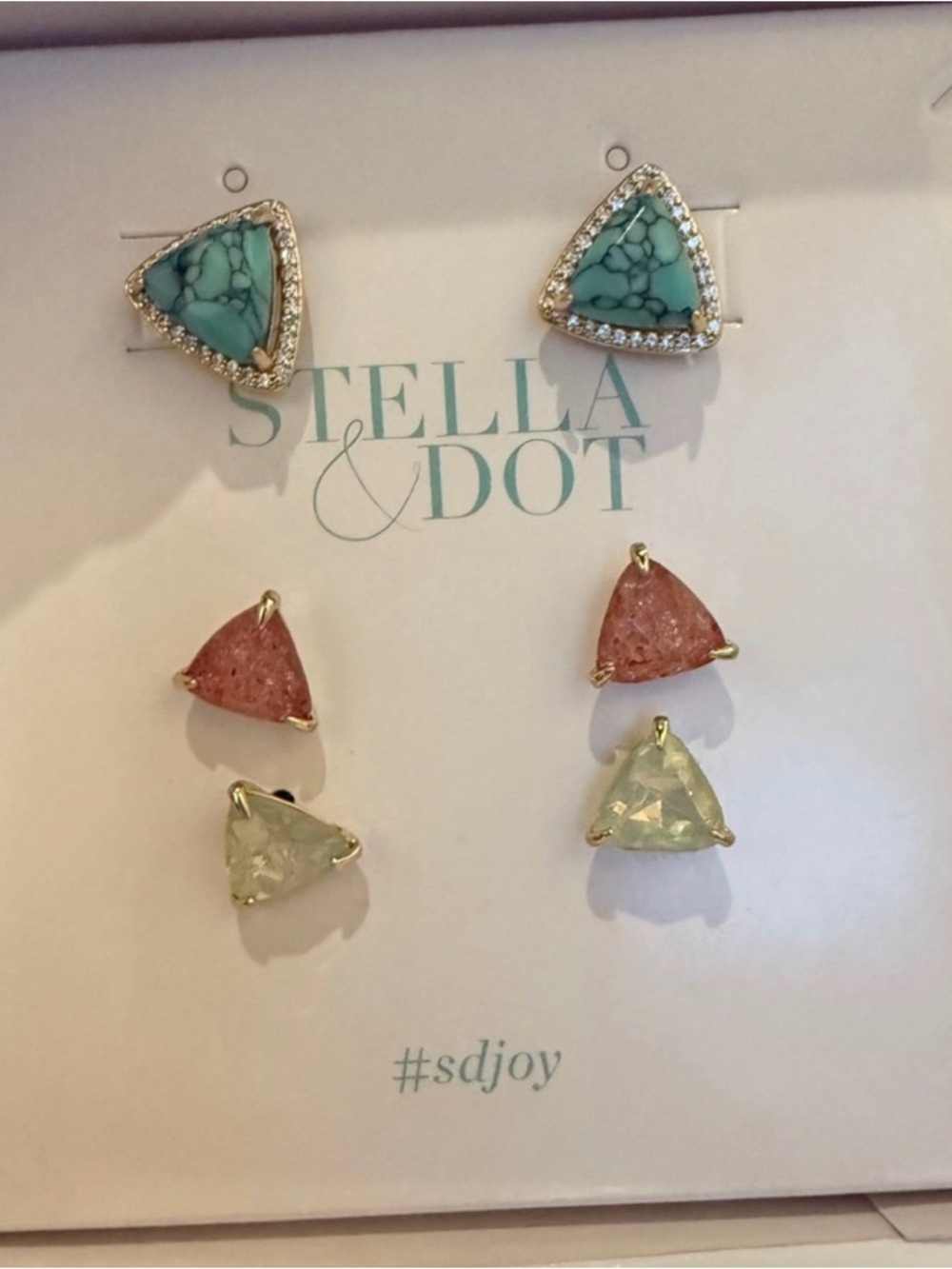 Stella & Dot Triangular Stud Set — Turquoise, Pink, Pale Green